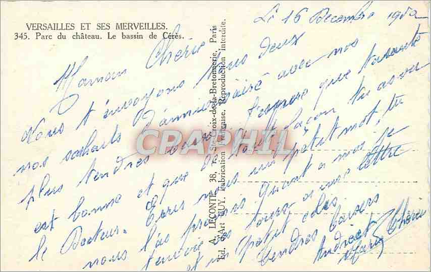 CPM Versailles et ses Mervailles Parc du Chateau Le bassin de Ceres  — Verso