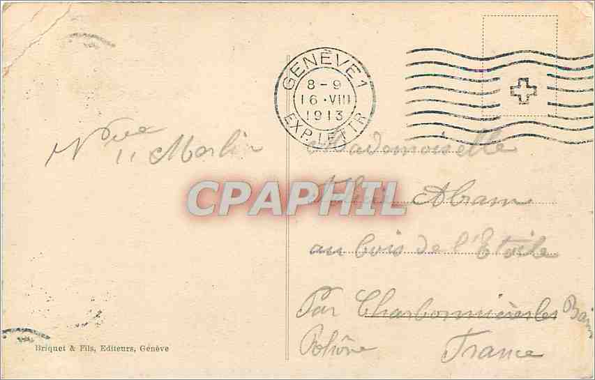 CPA Geneve I'le Rousseau et le Pont du Mont Blanc Barque Bateau — Verso
