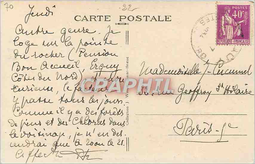 CPA Erquy Rochers a la Pointe de la Heussaye  — Rückseite