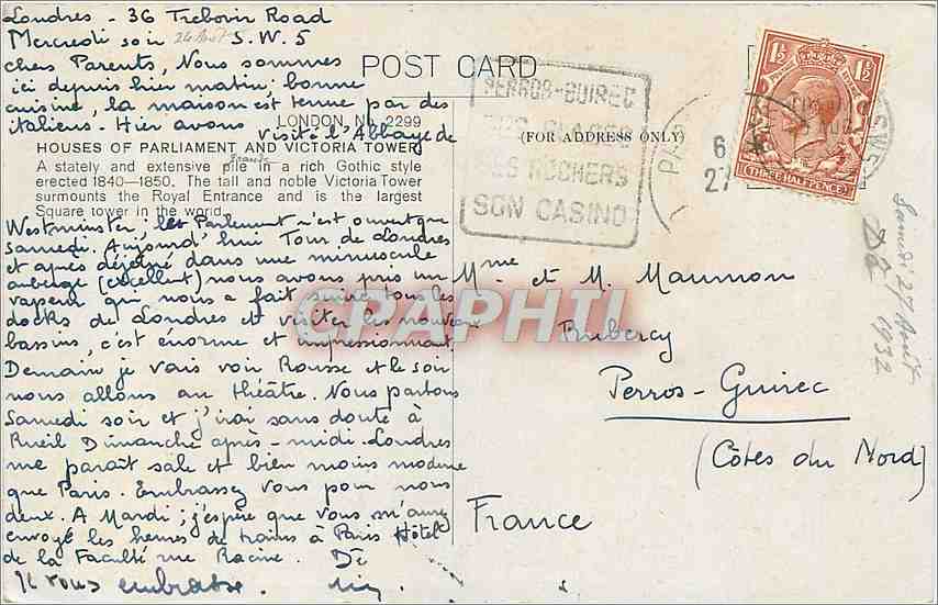 London. Houses of Parliament and Victoria Tower — éditeur non visible — Verso