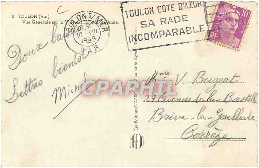 Toulon (Var) — Vue Générale sur la Ville et l'Hôpital Anne — Éditions NARBO — Rückseite