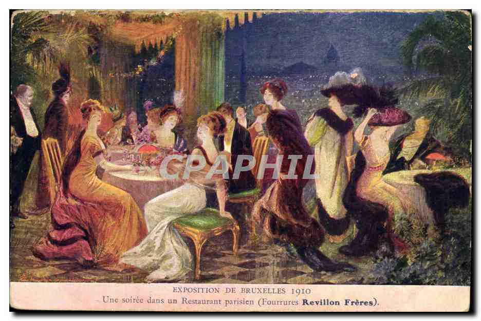 Exposition Universelle Bruxelles-Illustration-Une soiree dans un Restaurant parisien(Fourrures Revillon Freres)-CPA