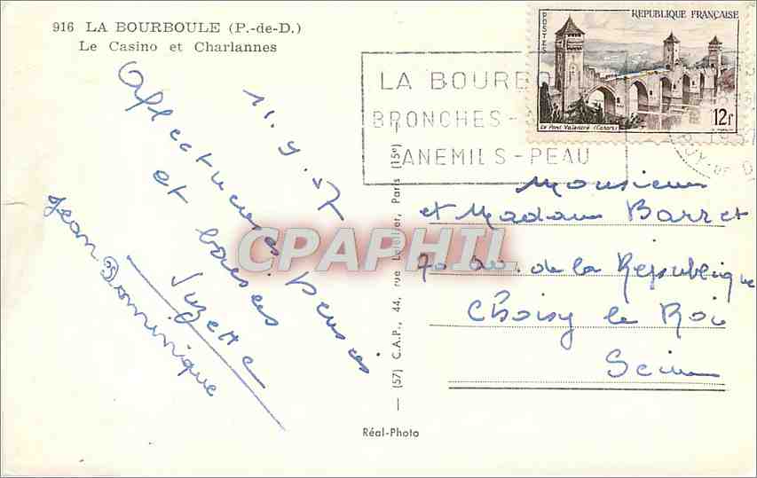 CPM La Bourboule P de D Le Casino et Charlannes  — Rückseite