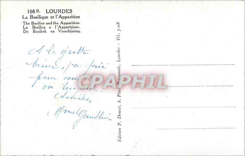 CPM Lourdes La Basilique et l'Apparition  — Verso