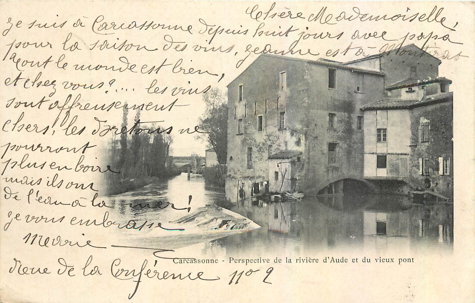 Carcassonne - Perspective de la rivière d'Aude et du vieux pont — A. Brugier Frères, phot. N° 2