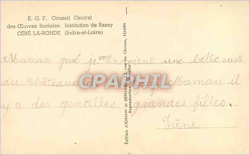 CPM EGF Conseil Central des Ceuvres Sociales Institution de Razay Cere la Ronde Indre et Loire  — Rückseite