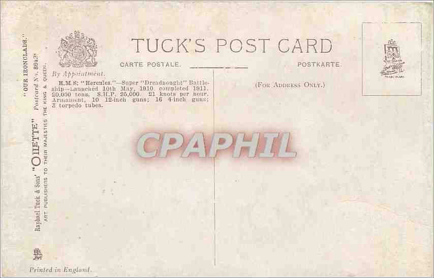 CPA HMS Hercules Super Dreadnought Battleship Bateau — Rückseite