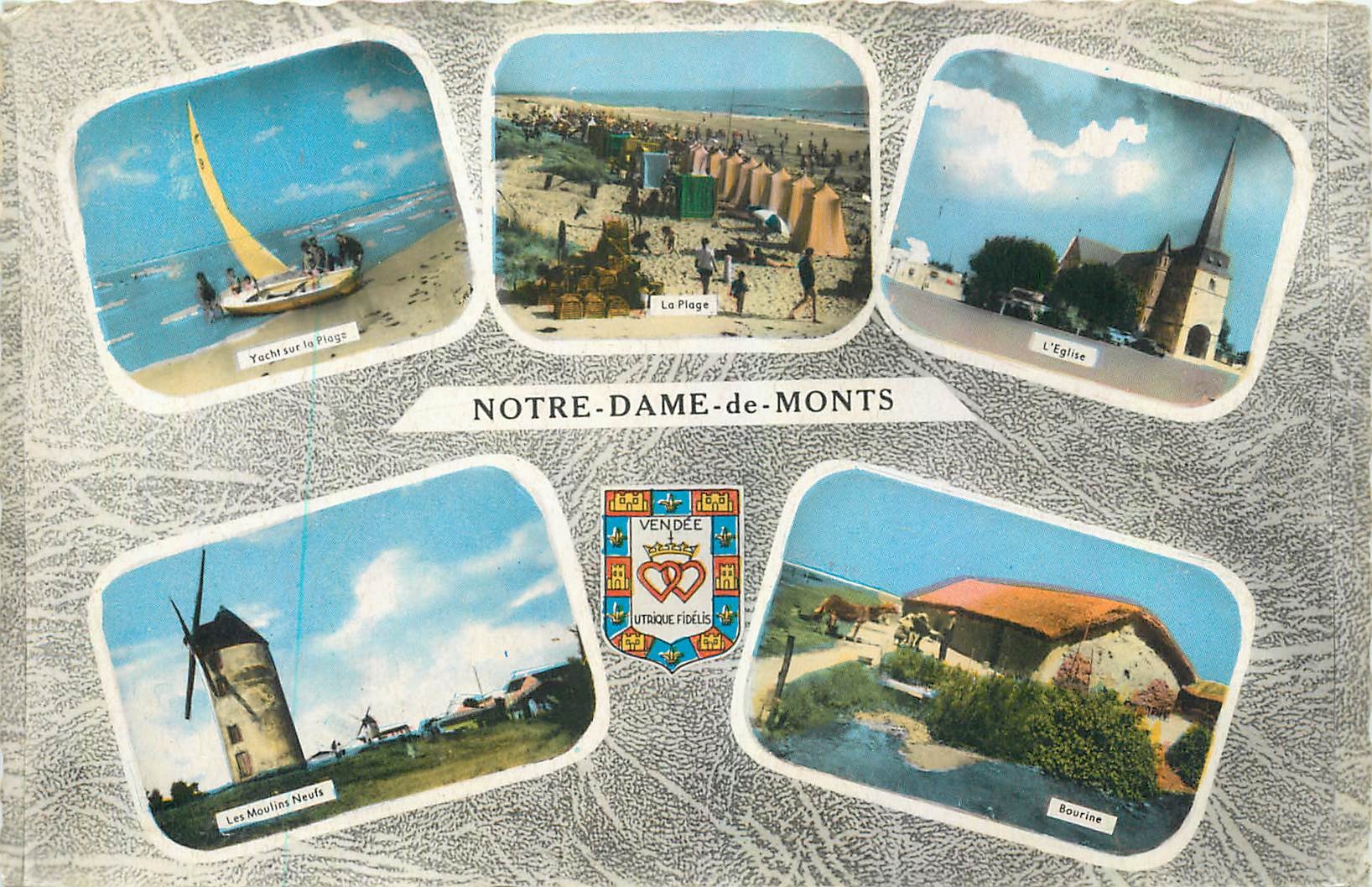 CPM Notre Dame de Monts Yacht sur la plage L'eglise Les moulins neufs Bourrine