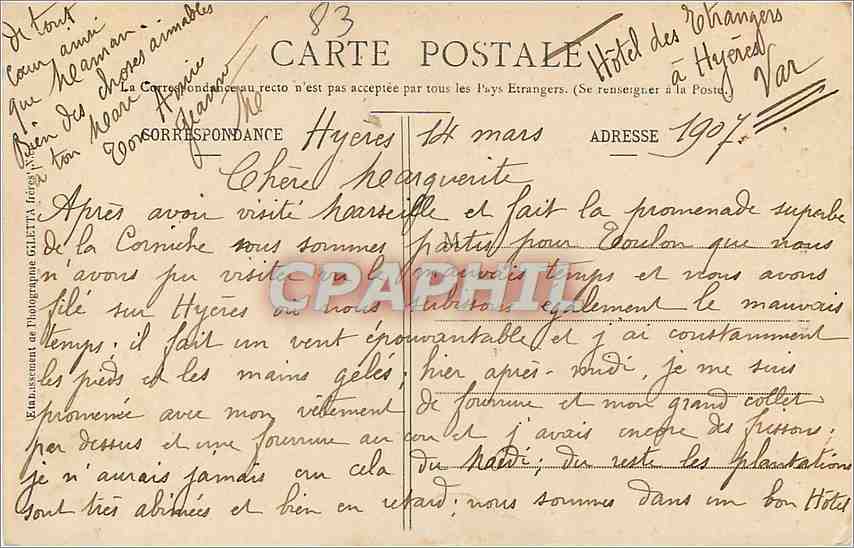 Hyères — Aloès en Fleurs — Édition Giletta, phot., Nice, n° 1706 — Verso