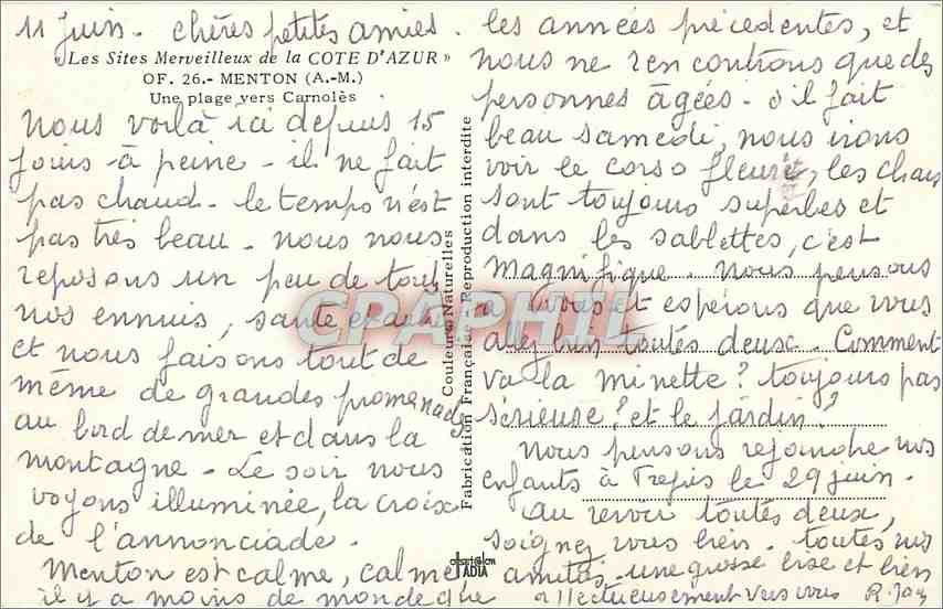 CPM Menton AM Une plage vers Carnoles  — Rückseite