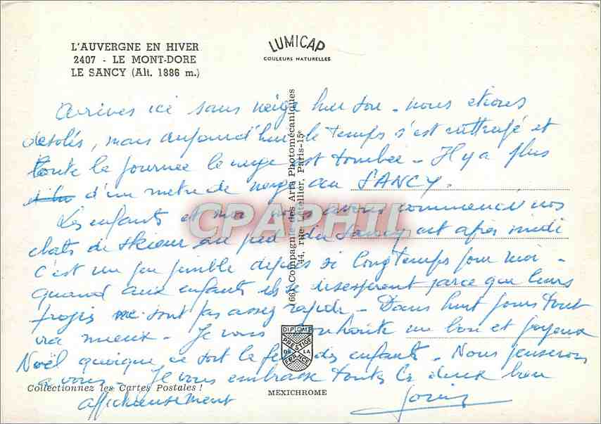 CPM Le Mont Dore Le Sancy  — Verso