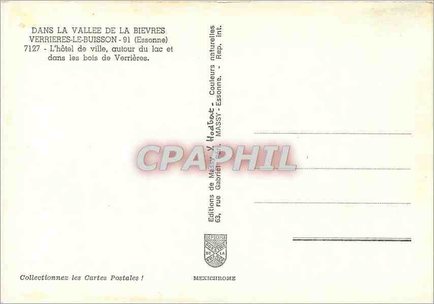 CPM Verrieres le Buisson Essonne L'hotel de ville autour du lac Cygne — Rückseite