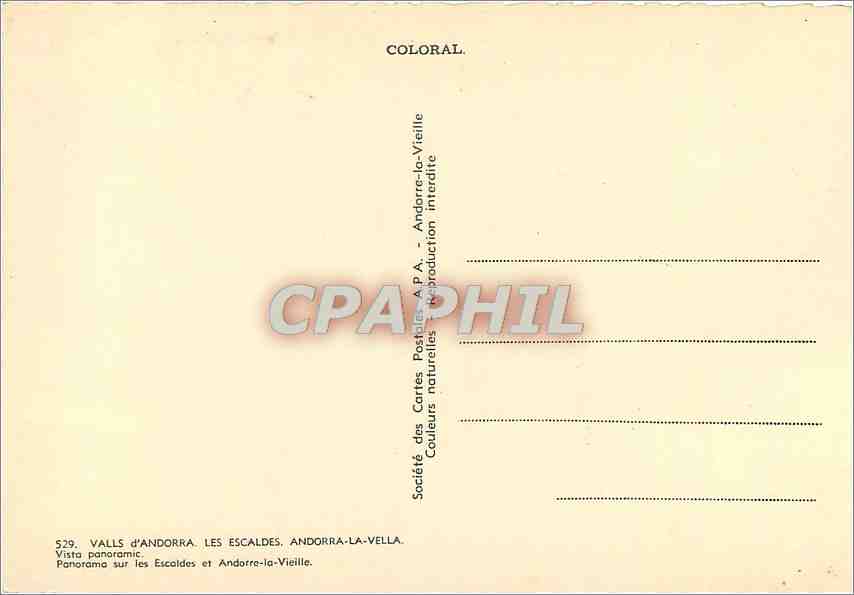 Valls d'Andorra — Les Escaldes et Andorre-la-Vieille — Société des Cartes Postales A.P.A. — Rückseite