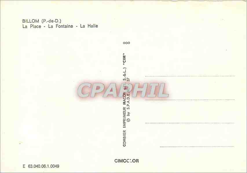 CPM Billom P de D La Place La Fontaine La Halle  — Back