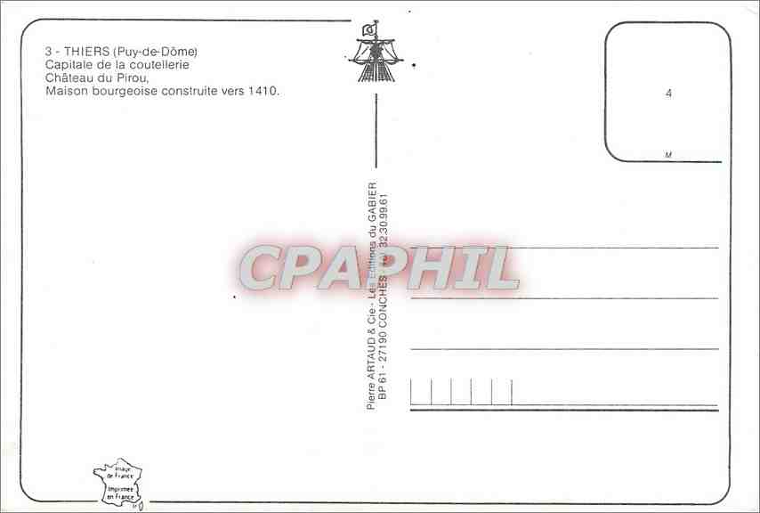 CPM Thiers Puy de Dome Capitale de la Coutellerie Chateau de Pirou  — Rückseite