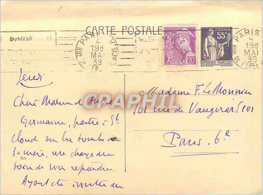 Entier Postal Type Paix 55c 1939 — Rückseite