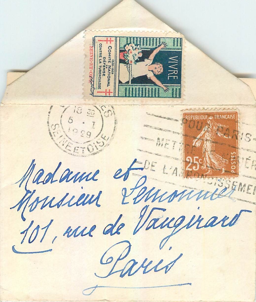 Lettre Semeuse 25c et Vignette Tuberculose 1929