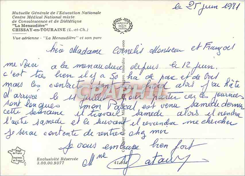 CPM Chissay en Touraine L et Ch Vue aerienne La Menaudiere et son parc  — Verso