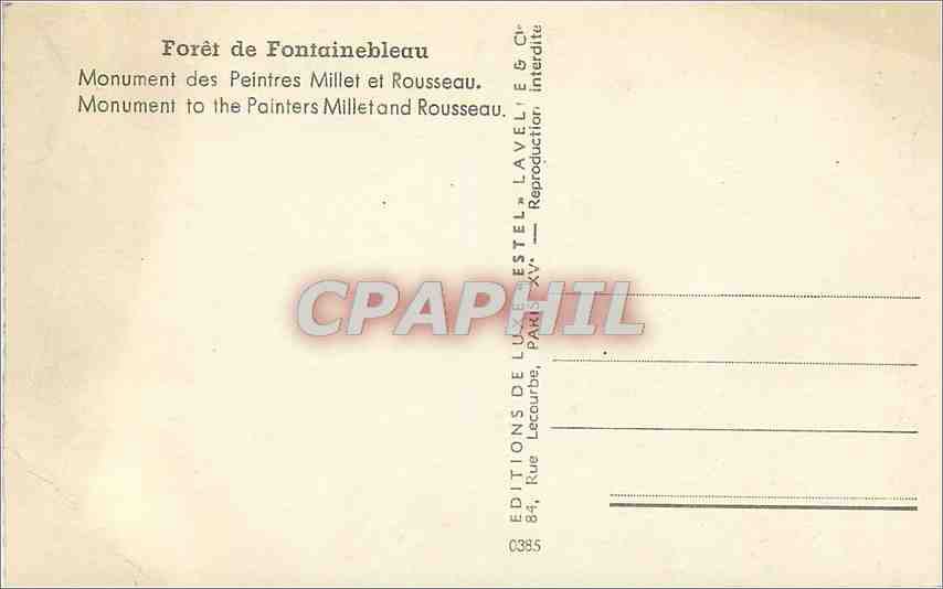 Foresta di Fontainebleau — Monumento ai Pittori Millet e Rousseau — Edizioni di Luxembourge — Verso