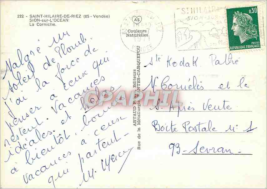 CPM Saint Hilaire de Riez Vendee Sion sur l'Ocean La Corniche  — Rückseite