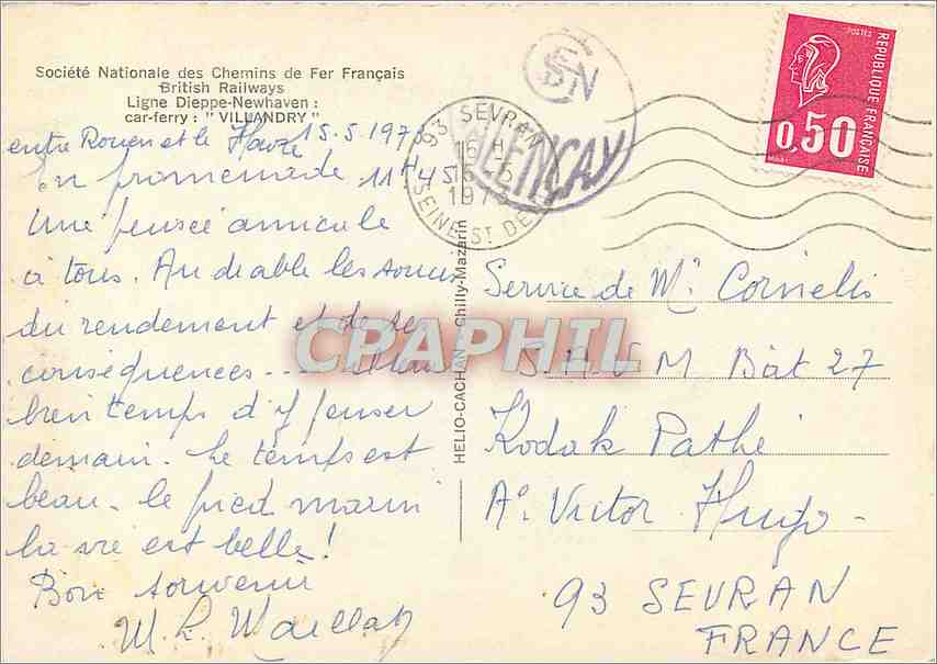 CPM Societe Nationale des Chemins de Fer Francais British Railways Ligne Dieppe Newhaven Villandry B — Rückseite