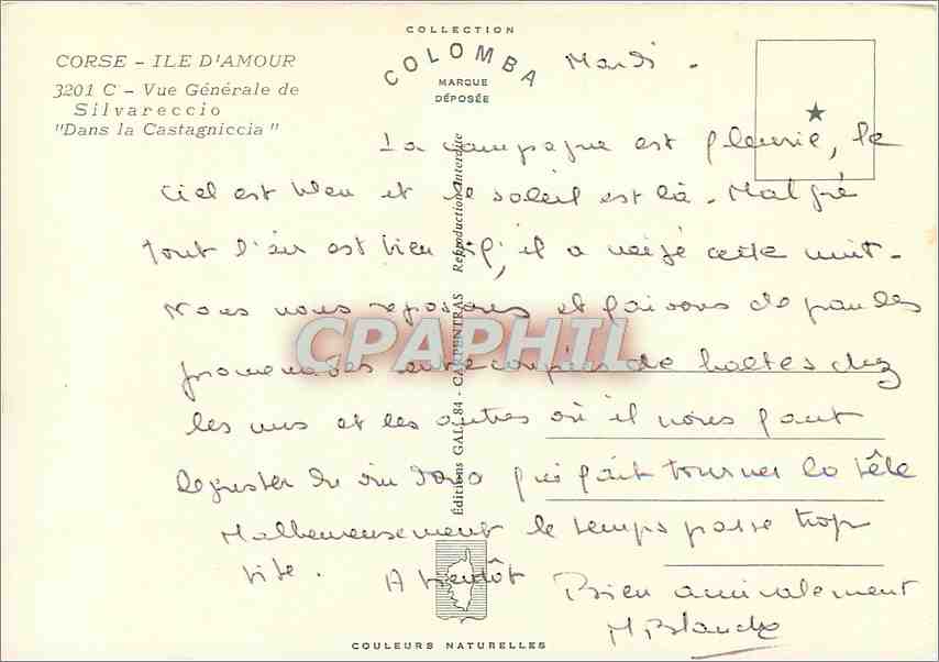CPM Corse Ile d'Amour Vue Generale de Silvareccio Dans la Castaniccia  — Rückseite