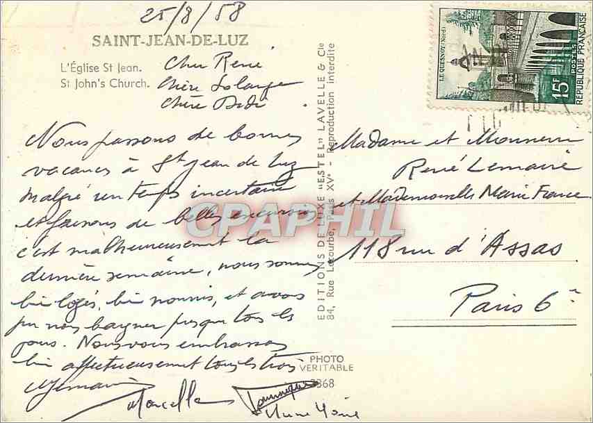 CPM Saint Jean de Luz L'Eglise St Jean  — Verso