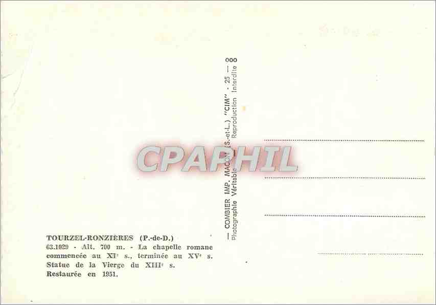 CPM Tourzel Ronzieres P de D La chapelle romane  — Rückseite