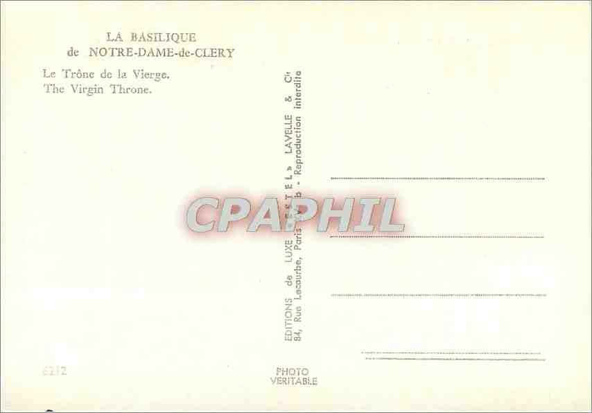 CPM La Basilique de Notre Dame de Clery Le Trone de la Vierge  — Rückseite