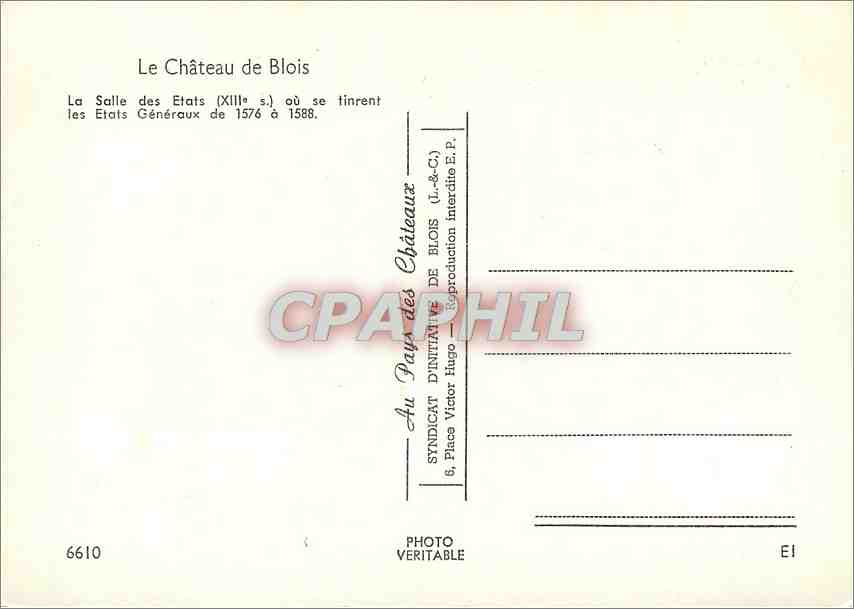 CPM Le Chateau de Blois La Salle des Etats  — Verso