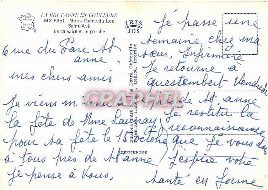 Notre-Dame du Loc Saint-Avé — éditeur IRIS JOS, série MX 5651 — Rückseite