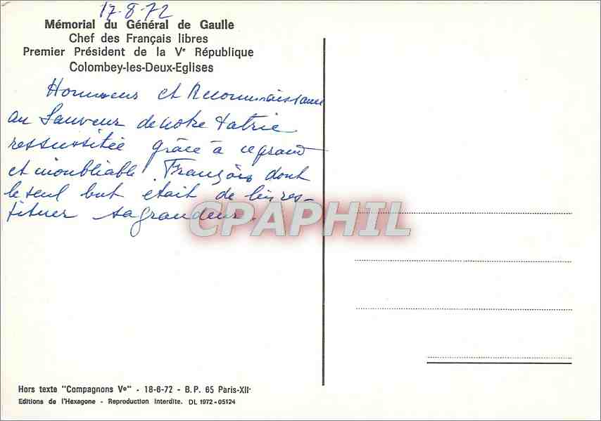 CPM Memorial du General de Gaulle Chef des Francais  — Rückseite