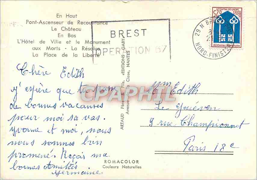 CPM Brest En Haut Pont Ascenseur de Recouvrance Le Chateau  — Rückseite