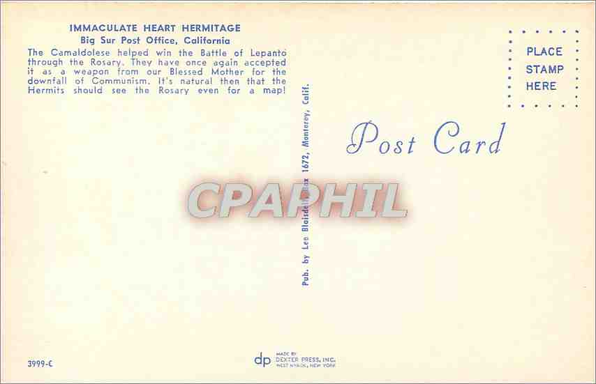 CPM Immaculate Heart Hermitage Big Sur Post Office California  — Back