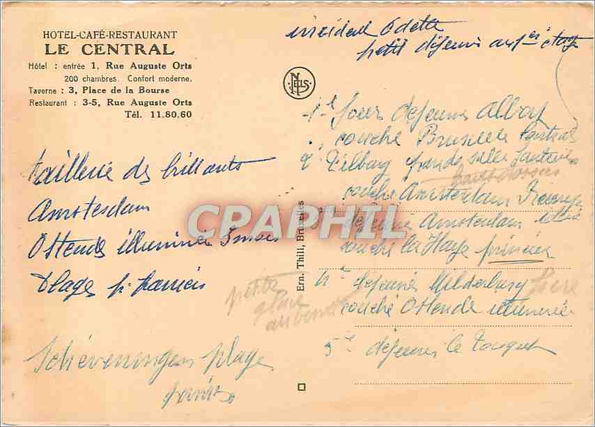 CPA Le Central Hotel Taverne Restaurant de la Bourse Bruxelles Tramway — Rückseite