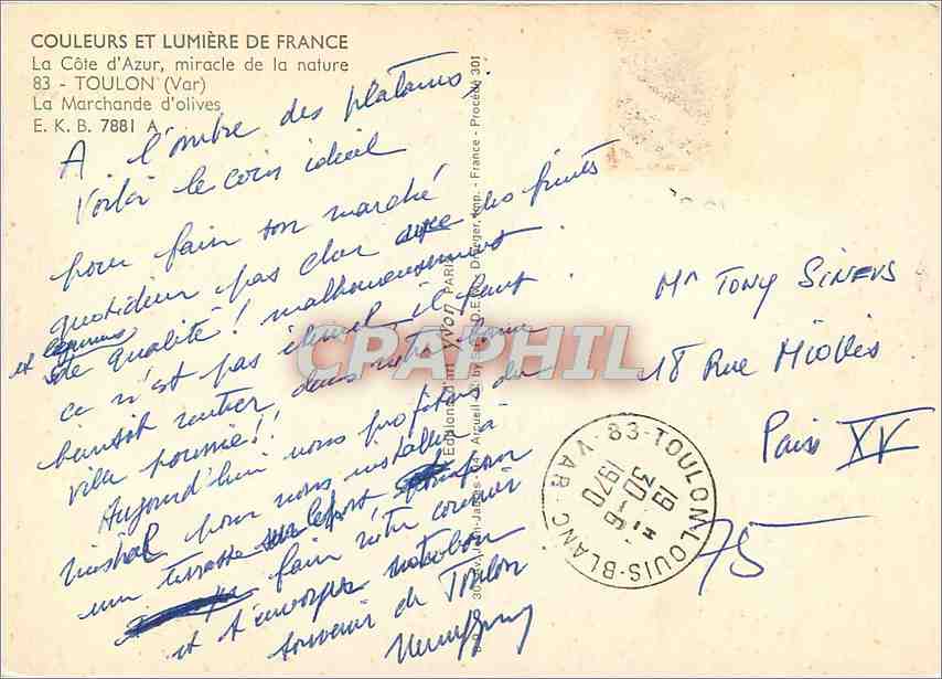 Marchande d'olives — La Côte d'Azur — Éditions J. Vivot — Verso