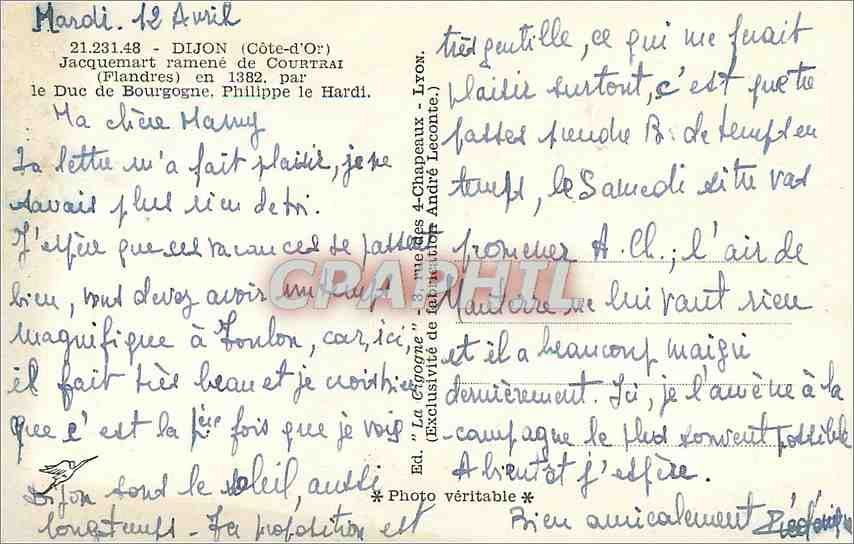 CPM Dijon Cote d'Or Jacquemart ramene de Courtrai  — Verso