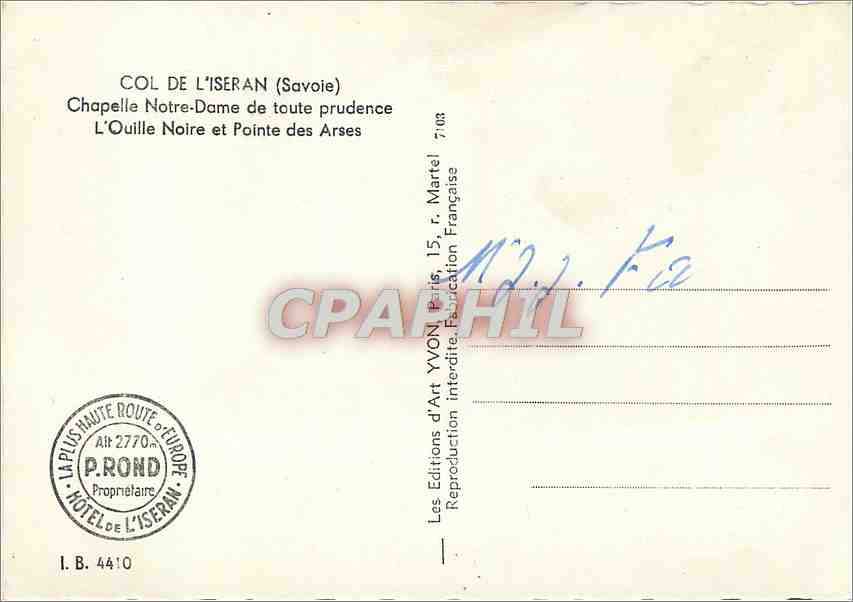 CPM Col de L'Iseran Savoie Chapelle Notre Dame de toute prudence L'Ouille Noire et Pointe des Arses  — Rückseite