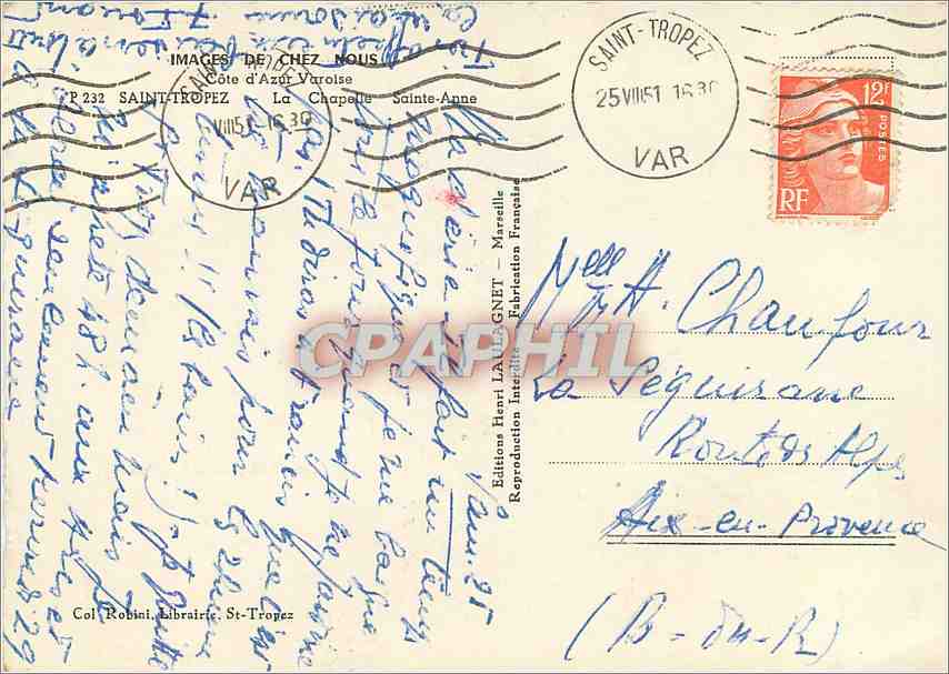 La Chapelle Sainte-Anne — Saint-Tropez — Éditions Henri Laubignet — Verso