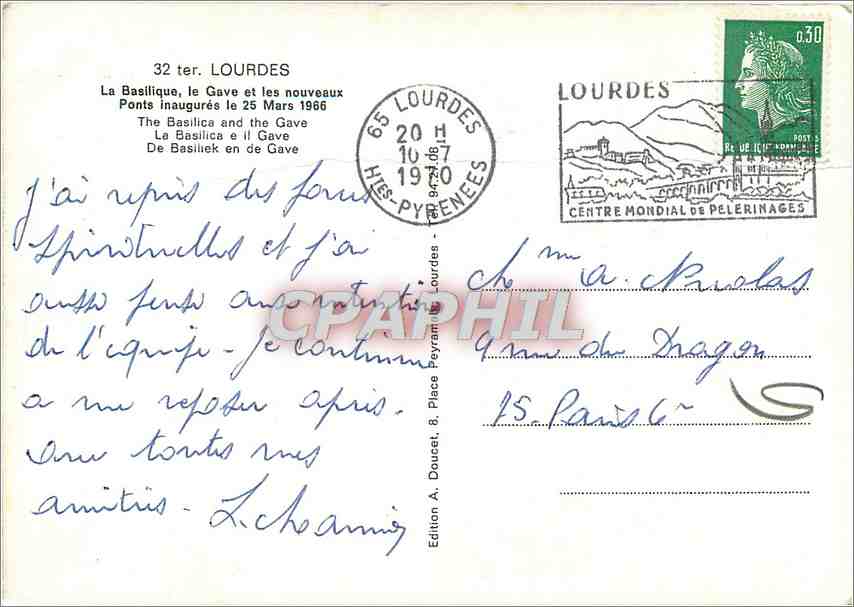 CPM Lourdes La Basilique le Gave et les nouveaux Ponts inaugures  — Verso