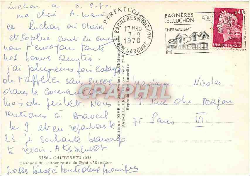 Cascade du Lutour — route du Pont d'Espagne — Édition Jove — Rückseite