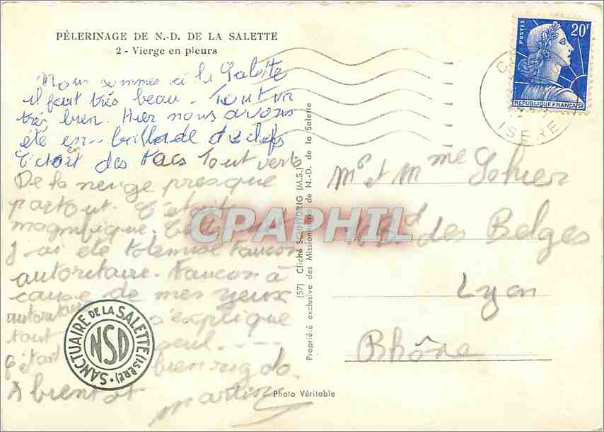 Vierge en pleurs — Pèlerinage de N.-D. de la Salette — Éditeur : Cliché exclusif des Missions de N.-D. de la Salette — Verso