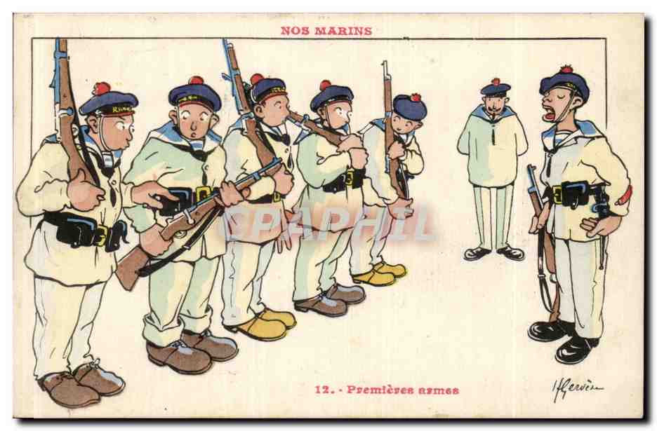 Nos Marins-Fantaisie-Humour-Bateau- Premieres armes- CPA Gervese