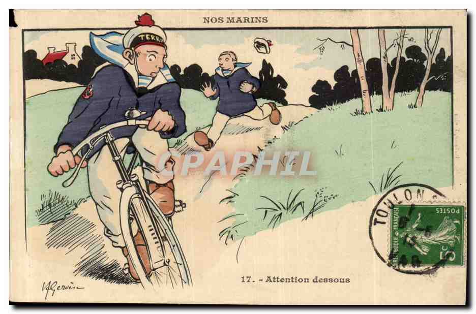 Nos Marins-Fantaisie-Humour-Bateau- Attention dessous- bicyclette- CPA Gervese