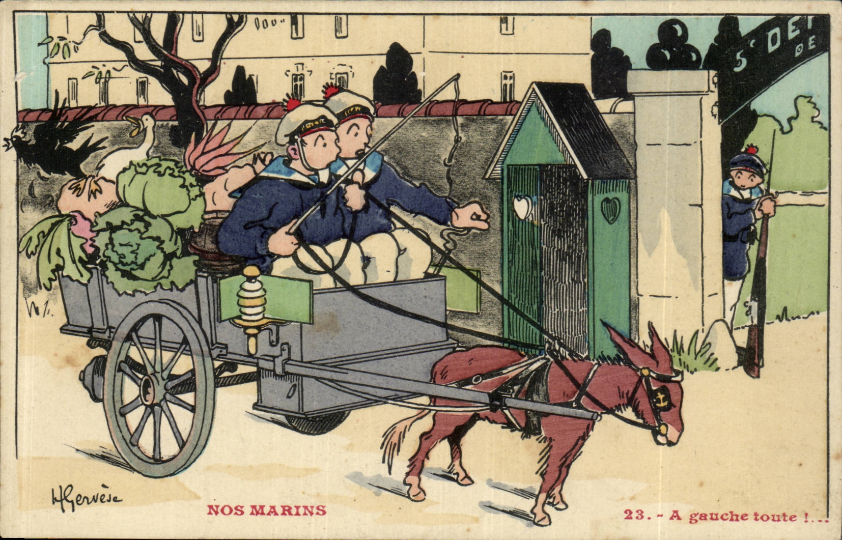 Nos Marins-Fantaisie-Humour-Bateau- A gauche toute!-ane- CPA Gervese donkey