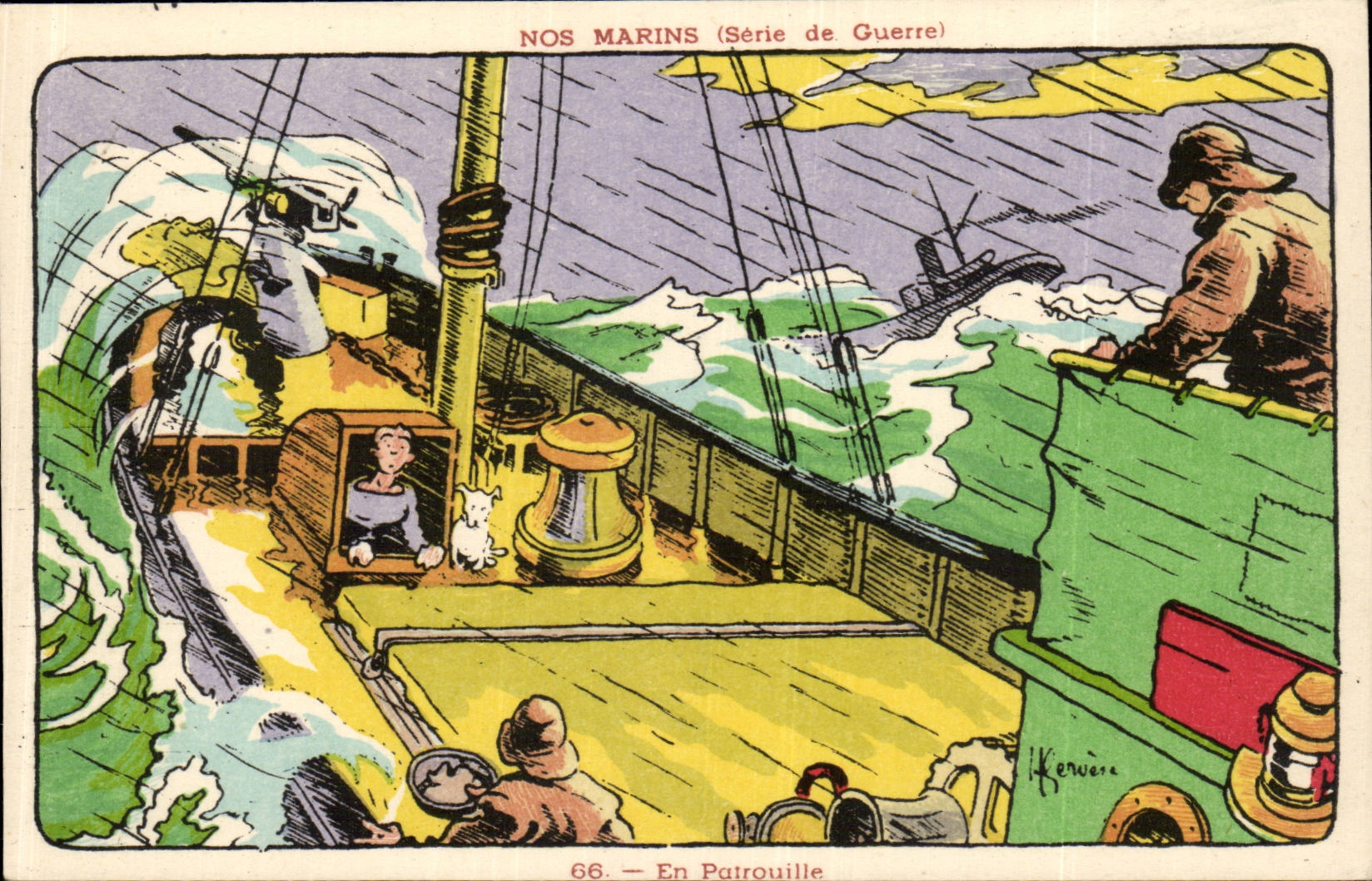 Nos Marins-Fantaisie-Humour-Bateau- En Patrouille-CPA Illustrateur Gervese