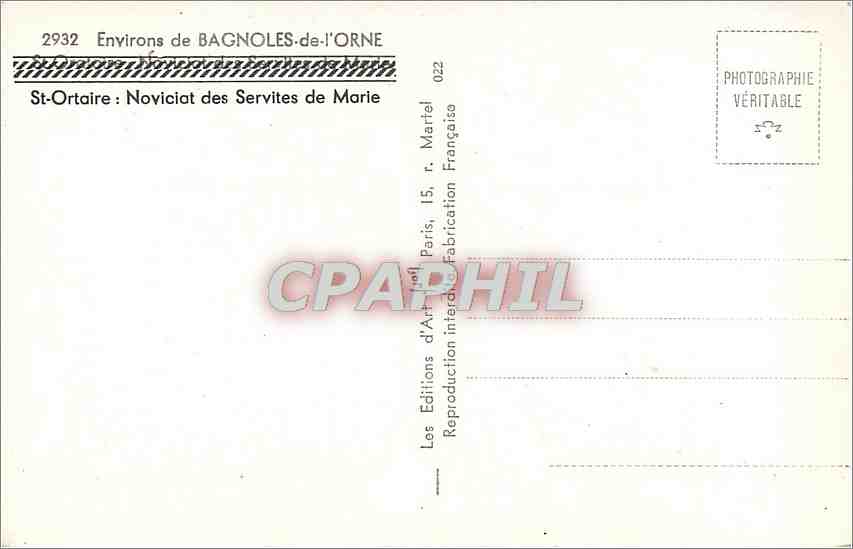 CPM Environs de Bagnoles de l'Orne St-Ortaire Noviciat des Servites de Marie — Rückseite
