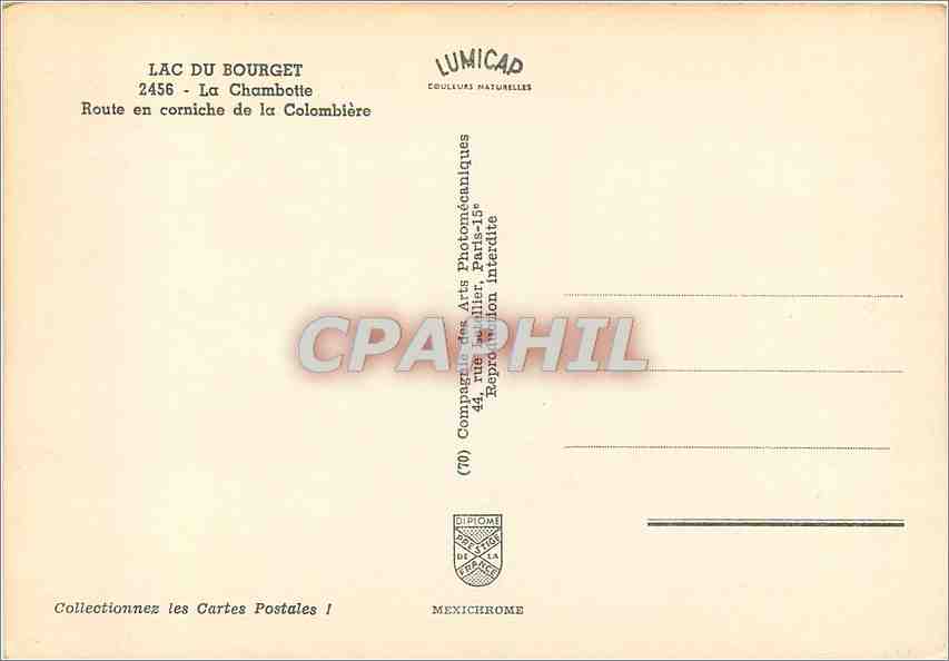 CPM Lac du Bourget La Chambotte Route en corniche de la Colombiere — Rückseite