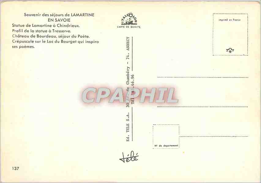 Lamartine en Savoie — Souvenir des séjours du poète — Éd. TELE S.A. Chambery — Verso