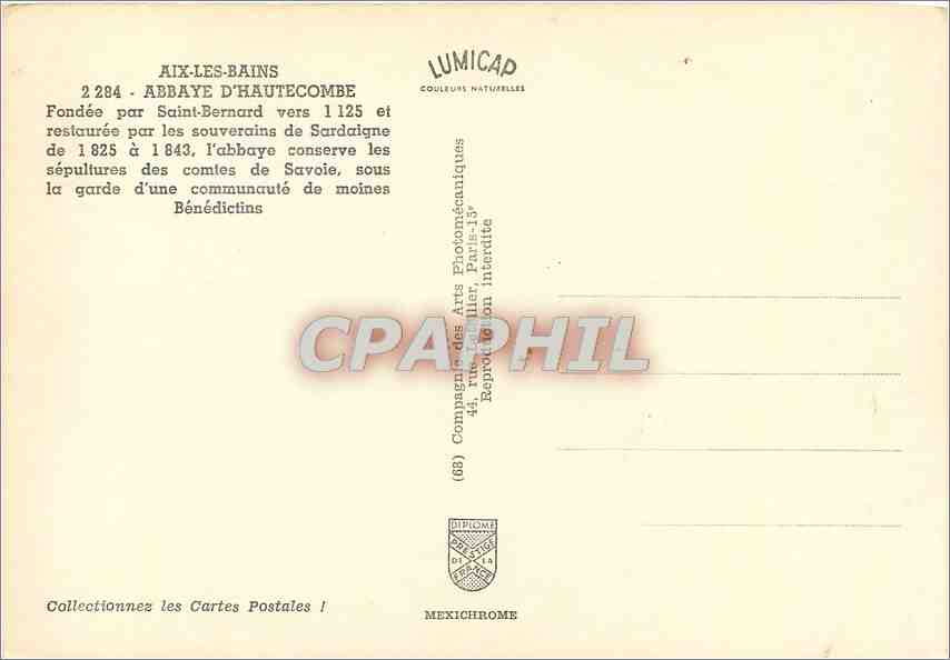 CPM Aix les Bainx Abbaye d'Hautecombe fondee par les souverains de Sardaigne — Rückseite